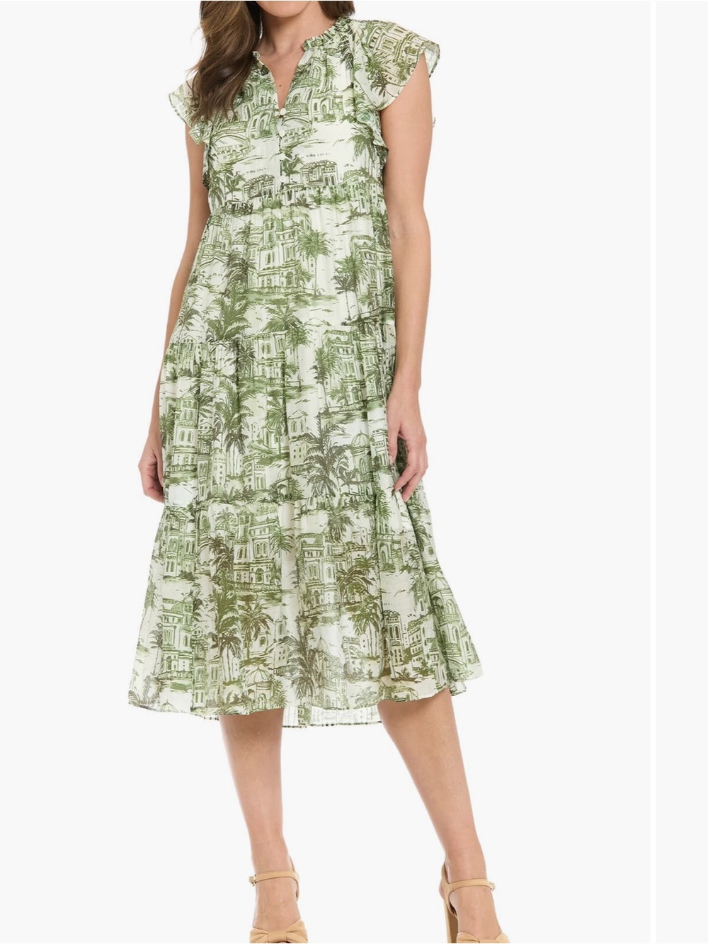 London Times Green and White Scenic Printed Midi Dress